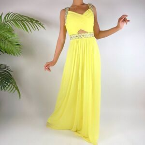 Vintage Y2K Pastel Yellow Fairycore Embellished Chiffon Maxi Prom Dress / Sz: 3